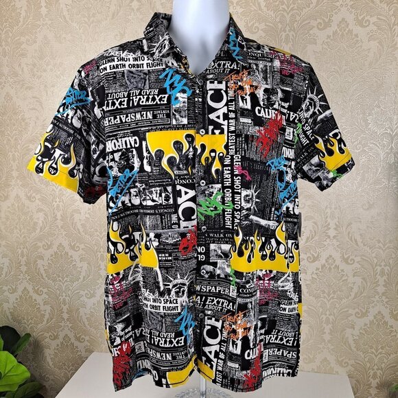 Fresh Prints of BelAir Size Large Black Newsprint Graphic Button Up Shirt NWT - Picture 1 of 13